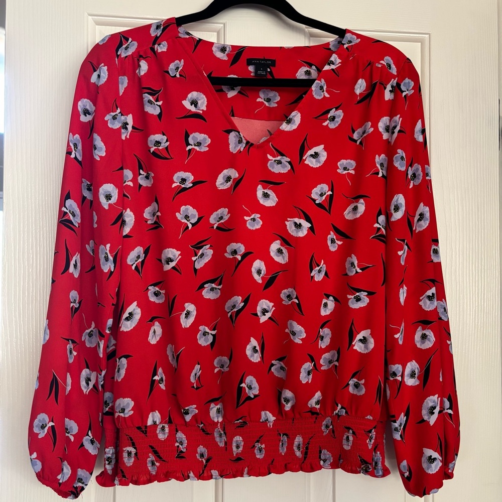 Ann Taylor Red Floral Smock Waist Blouse